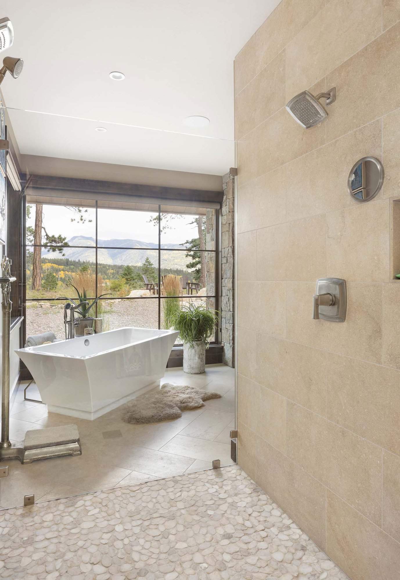 traditional style bathroom with shower and freestanding tub