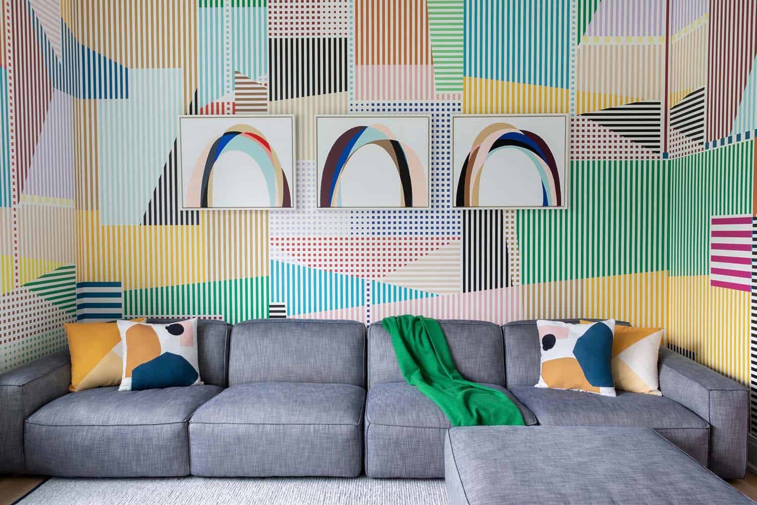 transitional style kids playroom with graphic wallpaper