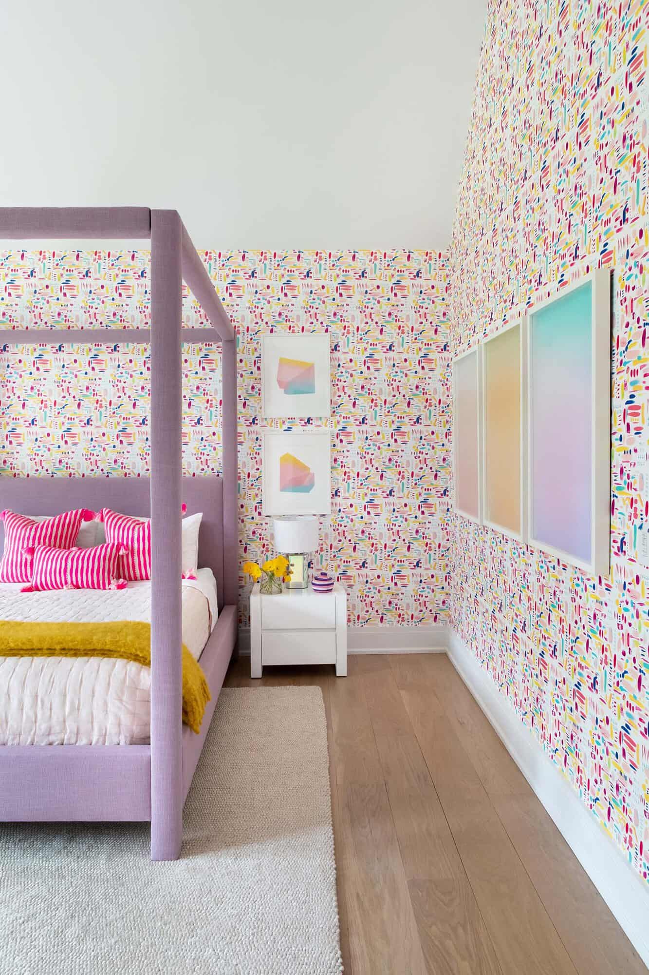 transitional style girls bedroom with patterned wallpaper