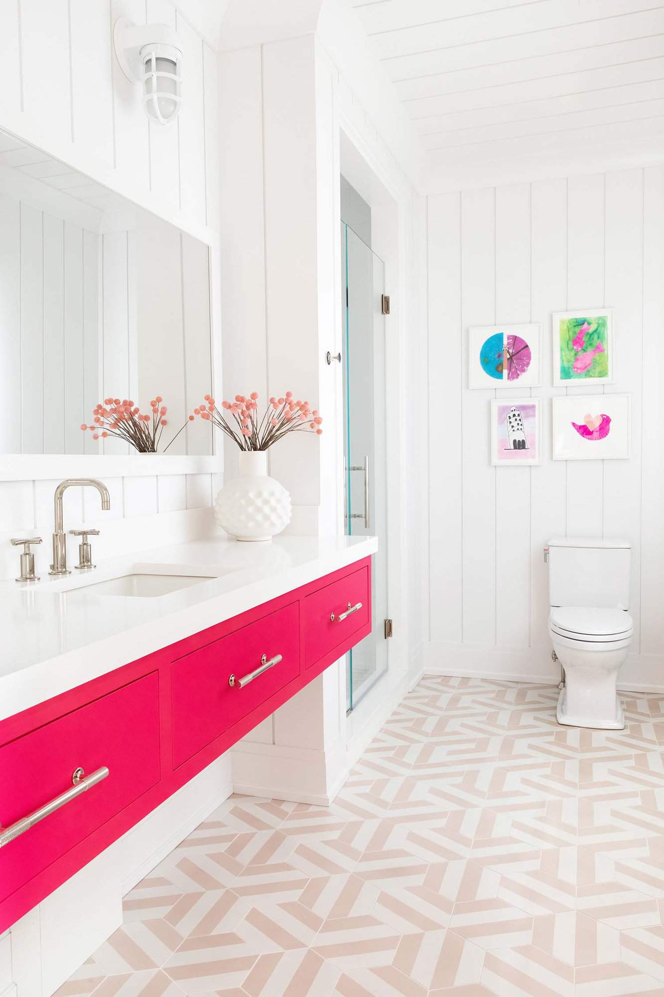 transitional style girls bathroom with a floating vanity