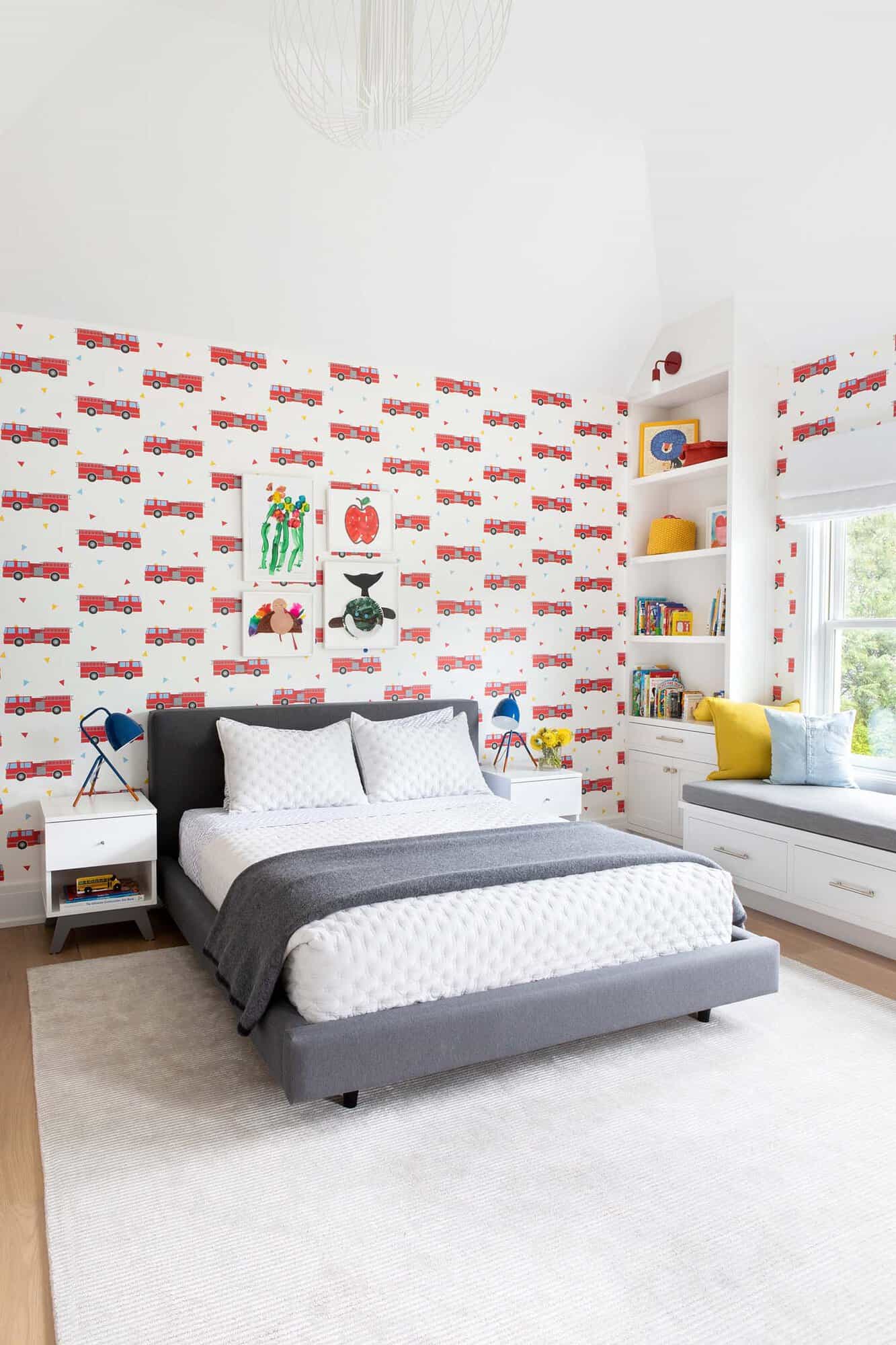 transitional-style boys bedroom with a built-in window seat