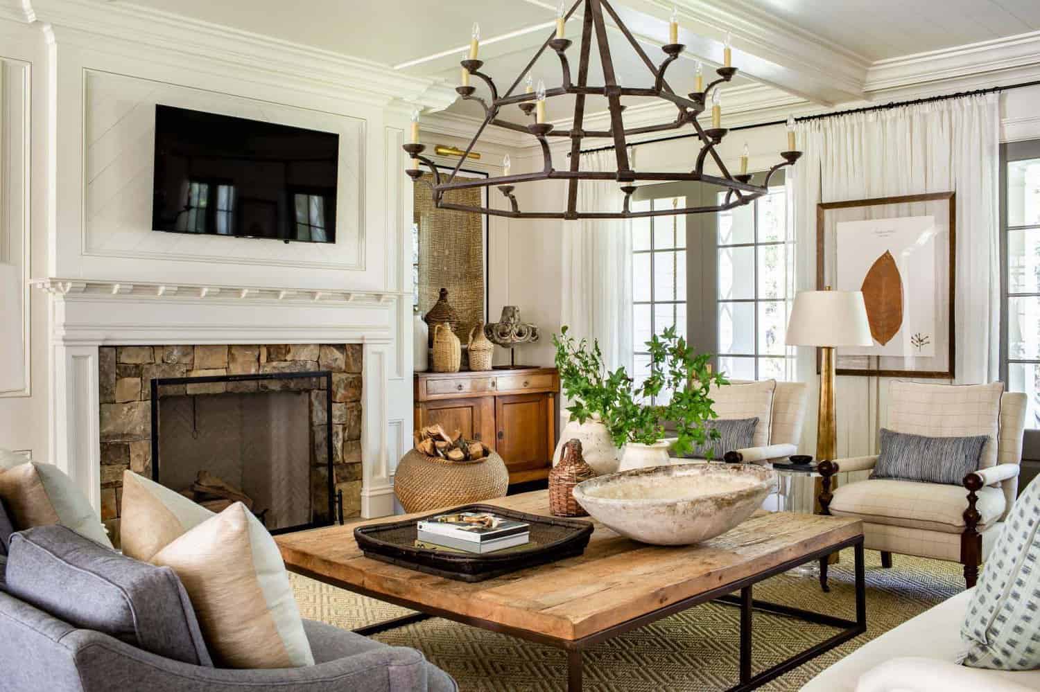 transitional style family room with a fireplace